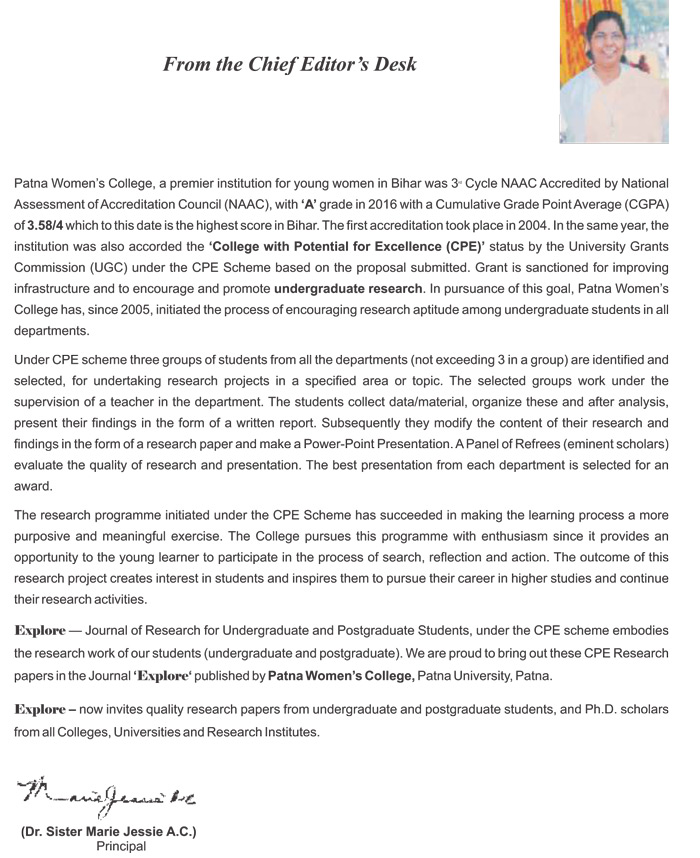 Patnawomens College | EXPLORE VOL. VII - FROM CHIEF EDITOR'S DESK Top College in Patna | Sister Marie Jessie A.C.